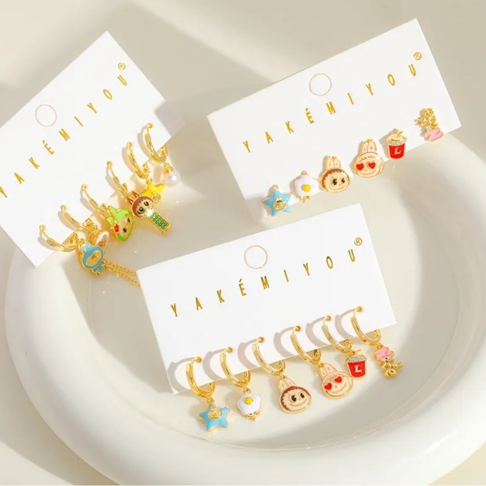 Labubu Inspired 14K Gold Monster Pez Theme Enameled Earrings Mismatched Set - Picture 6 of 6